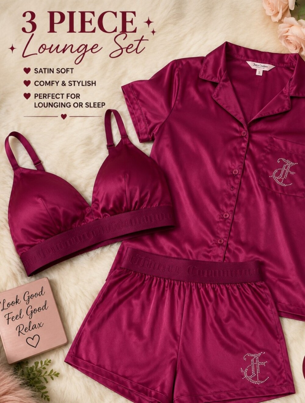 Juicy Couture 3-Piece Satin Lounge Set - Berry Plum